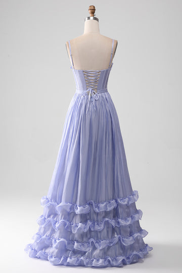 Lavanda Spaghetti Straps A Line Ruffles Prom Dress con spacco